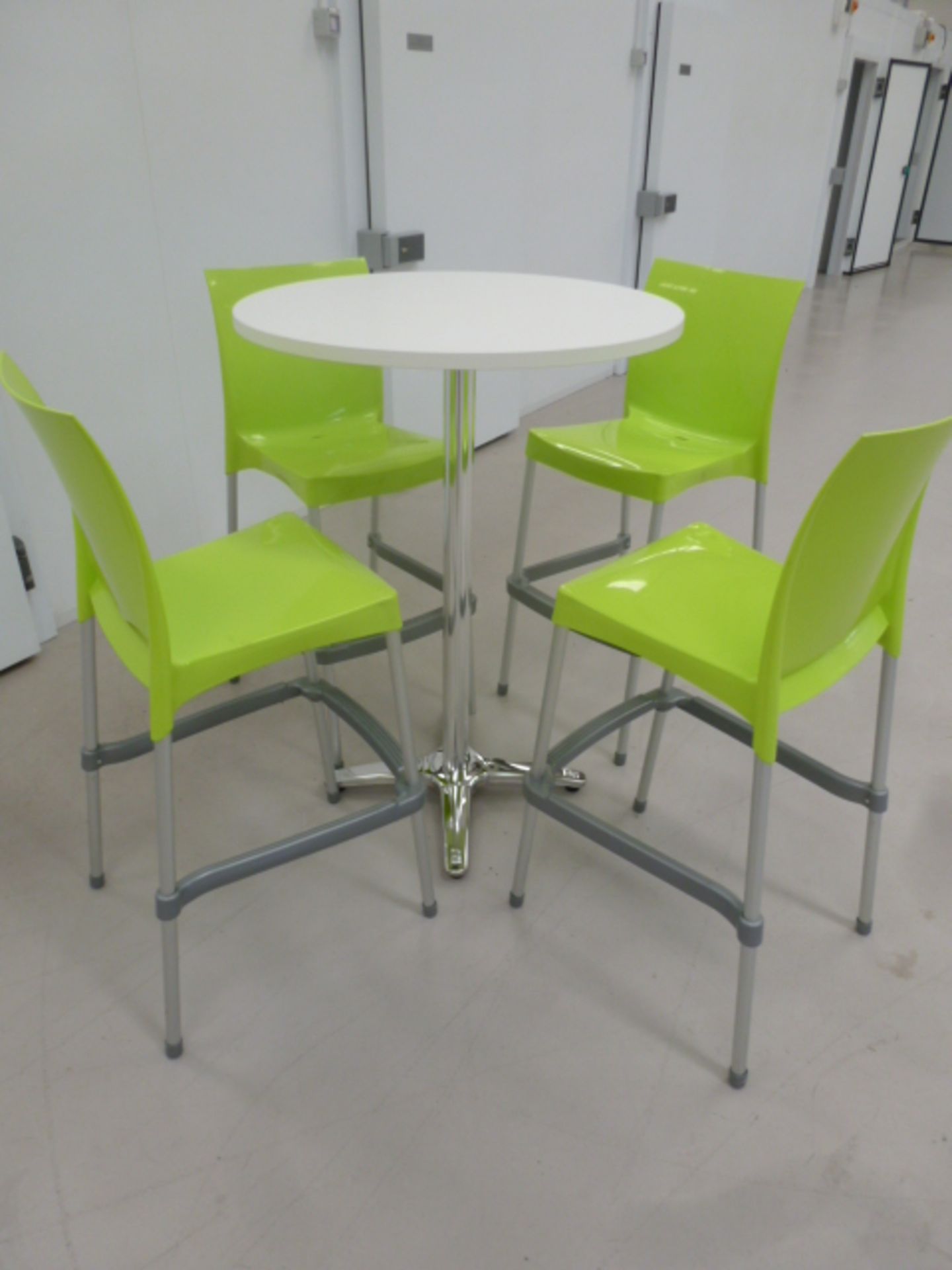 White Round Top Table (Dia 80cm x H 12cm) on Chrome Base with 4 x Plastic Lime Green Stools