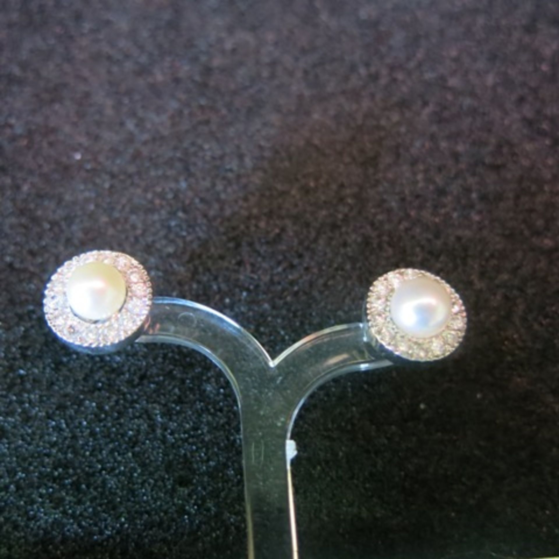 Pair of Pearl 7mm Stud Earrings with White Metal & Clear Stone Surround. RRP £178.00 - Image 2 of 2