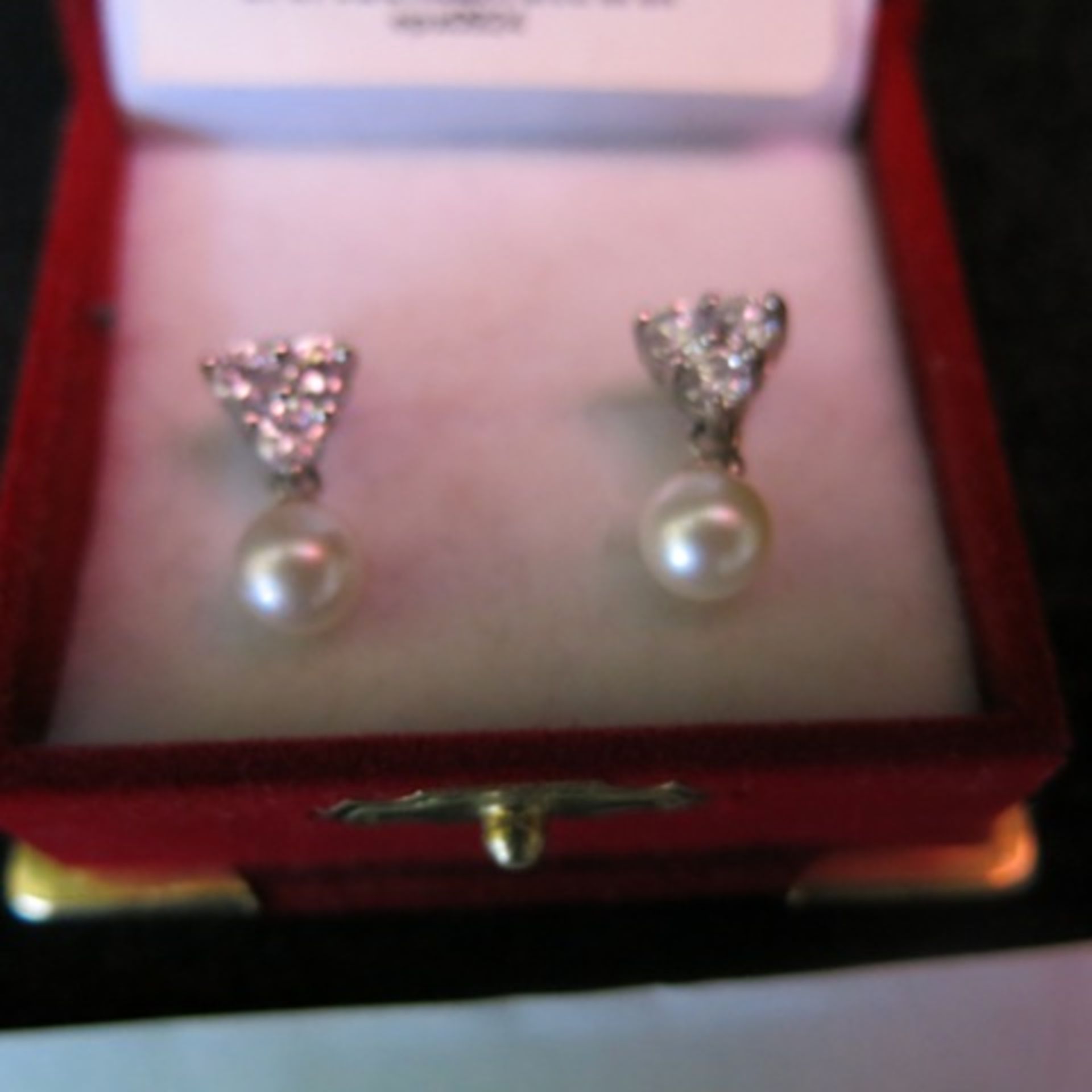 Pair of Pearl 6.5mm Stud Earrings with White Metal & 3 Clear Stones. RRP £178.00 - Image 2 of 2