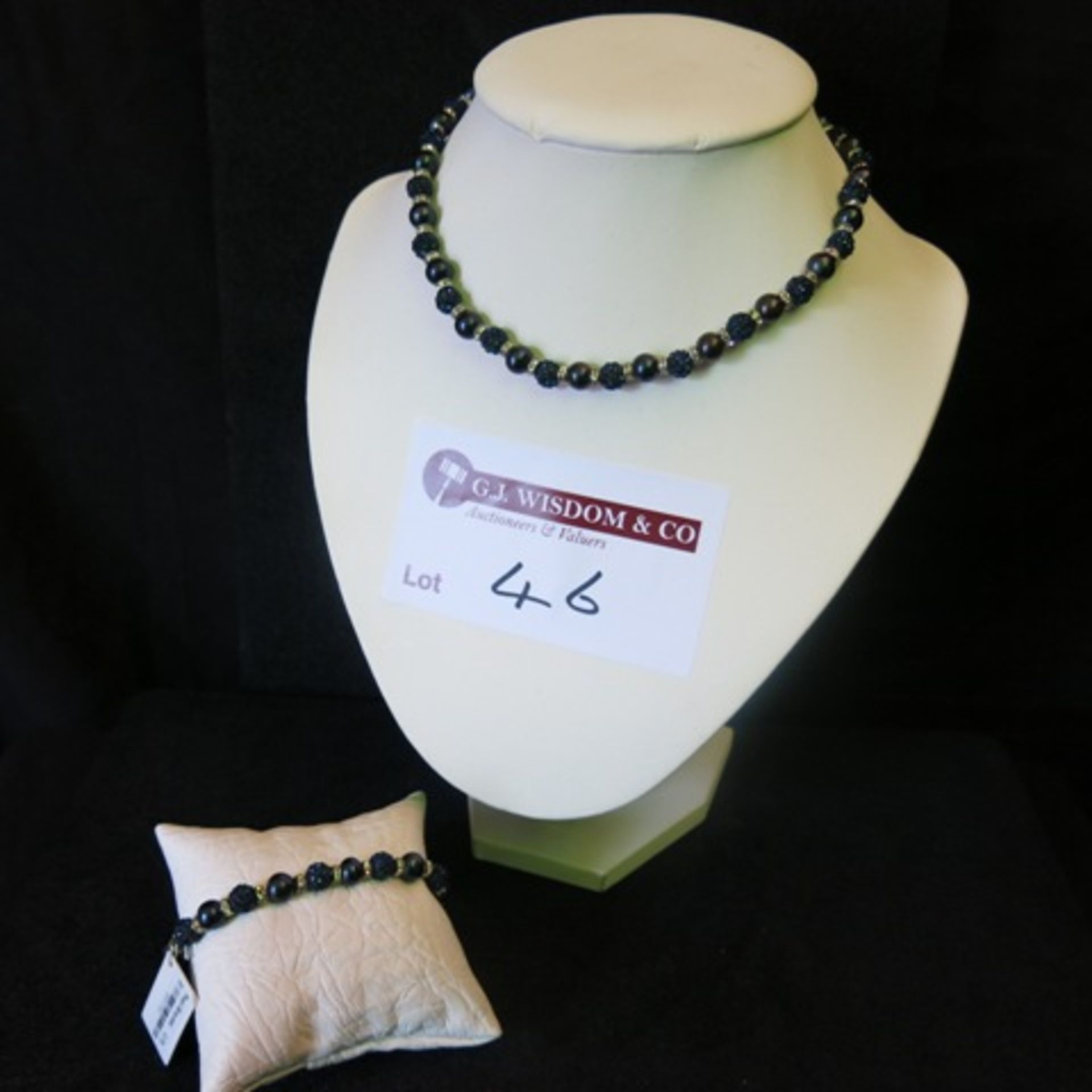 Blue Pearl & Blue Stone Necklace with Clear Stone & White Metal Separators & Matching Bracelet.