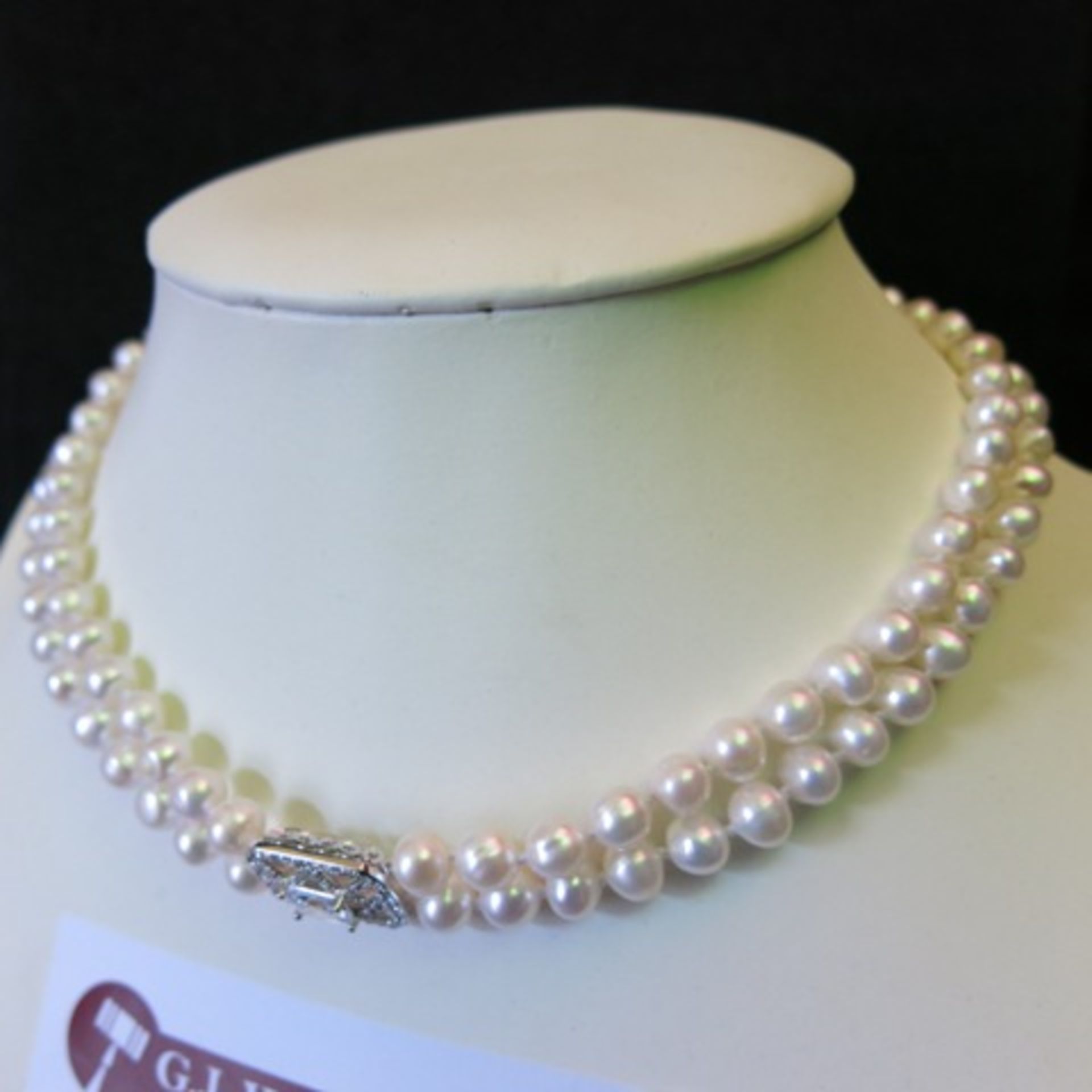 Double Band Pearl Necklace with Large & Small Clear Stone Centre Piece. RRP £226.00 - Image 2 of 3