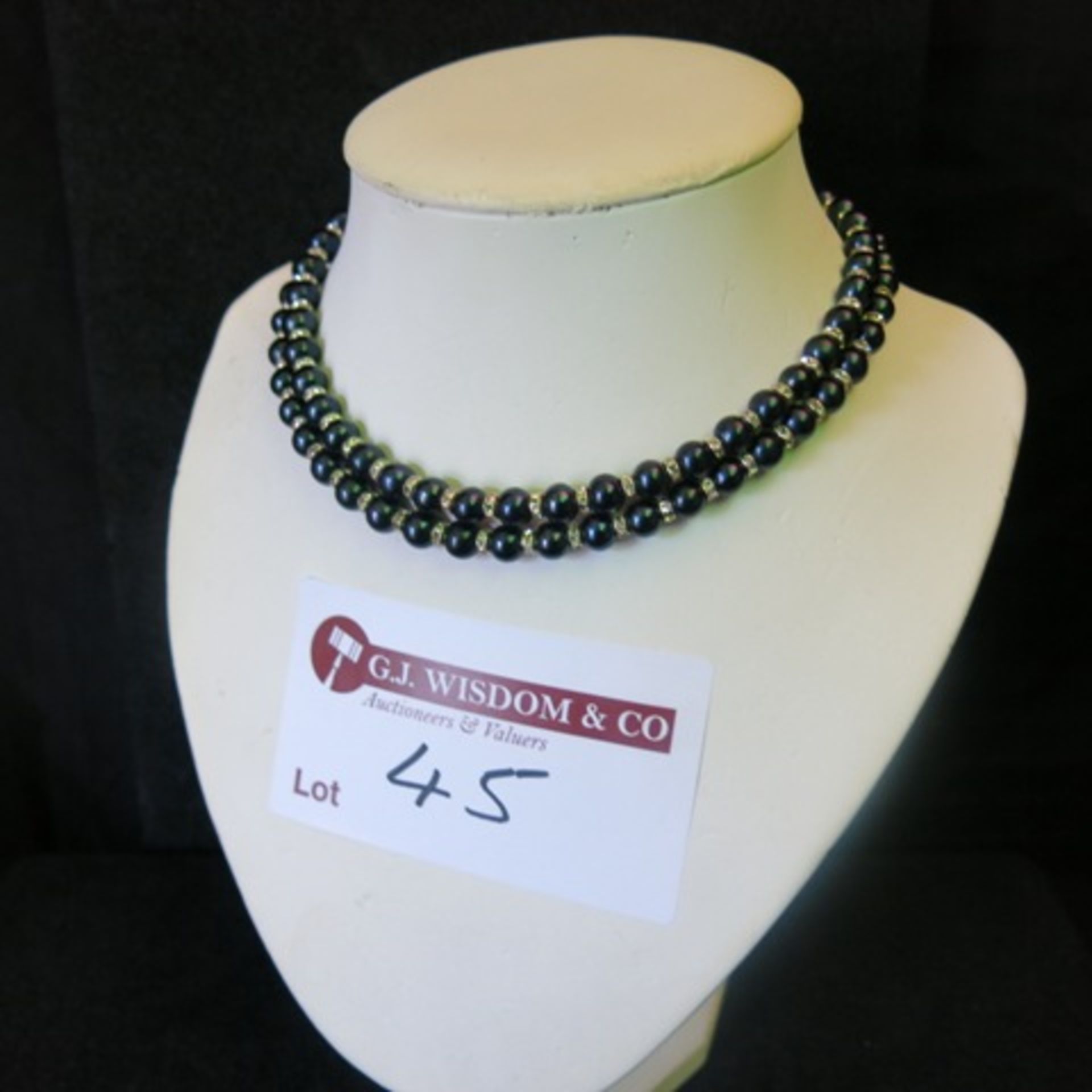 Double Band Blue Pearl Necklace with Clear Stone & White Metal Separators. RRP £298.00