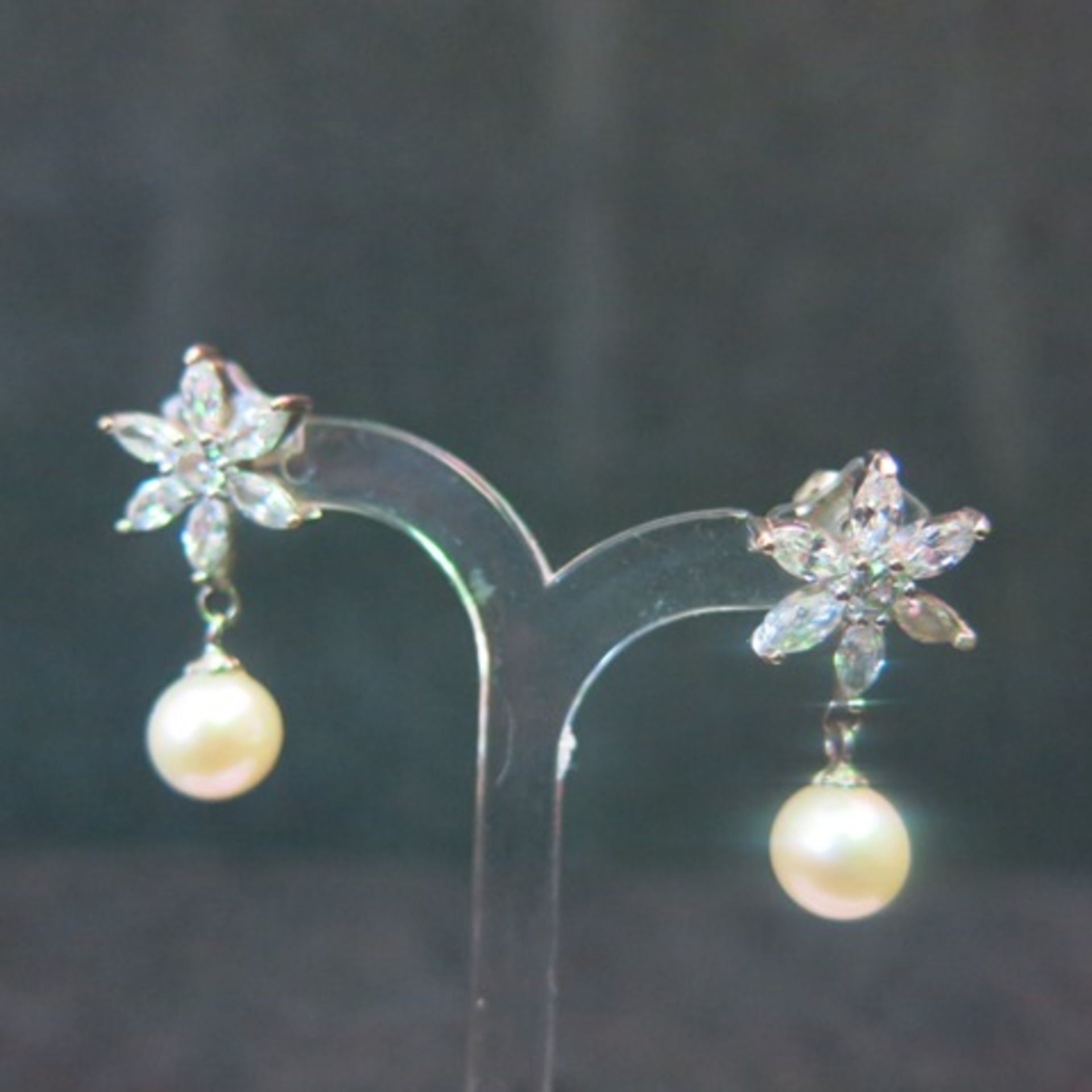 Pair of Pearl 7.5mm Drop Earrings with White Metal & Clear Stone Flower Petal Motif Over the - Image 2 of 2