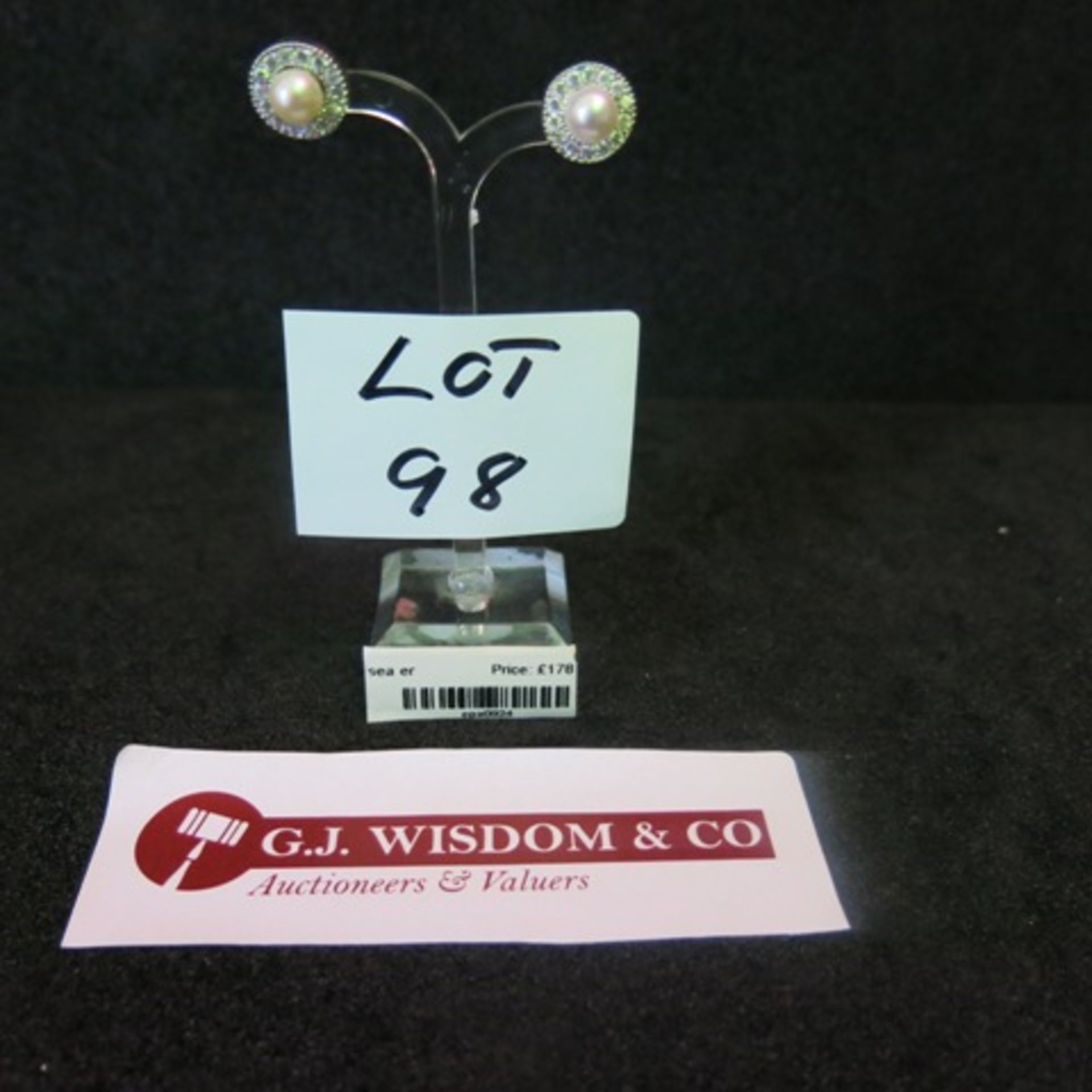 Pair of Pearl 7mm Stud Earrings with White Metal & Clear Stone Surround. RRP £178.00