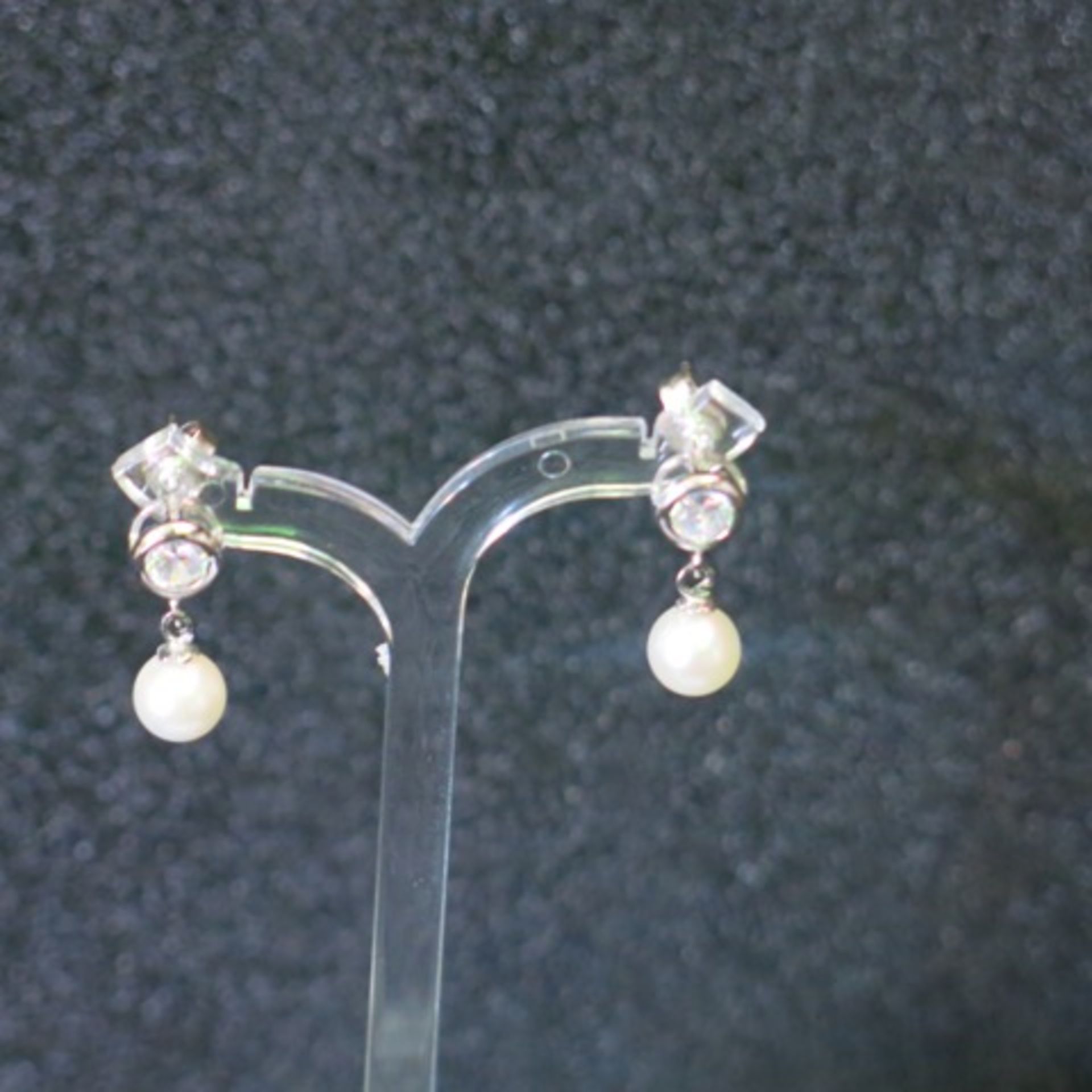 Pair of Pearl Drop Earrings with White Metal and Single Large Clear Stone. RRP £178.00 - Image 2 of 2