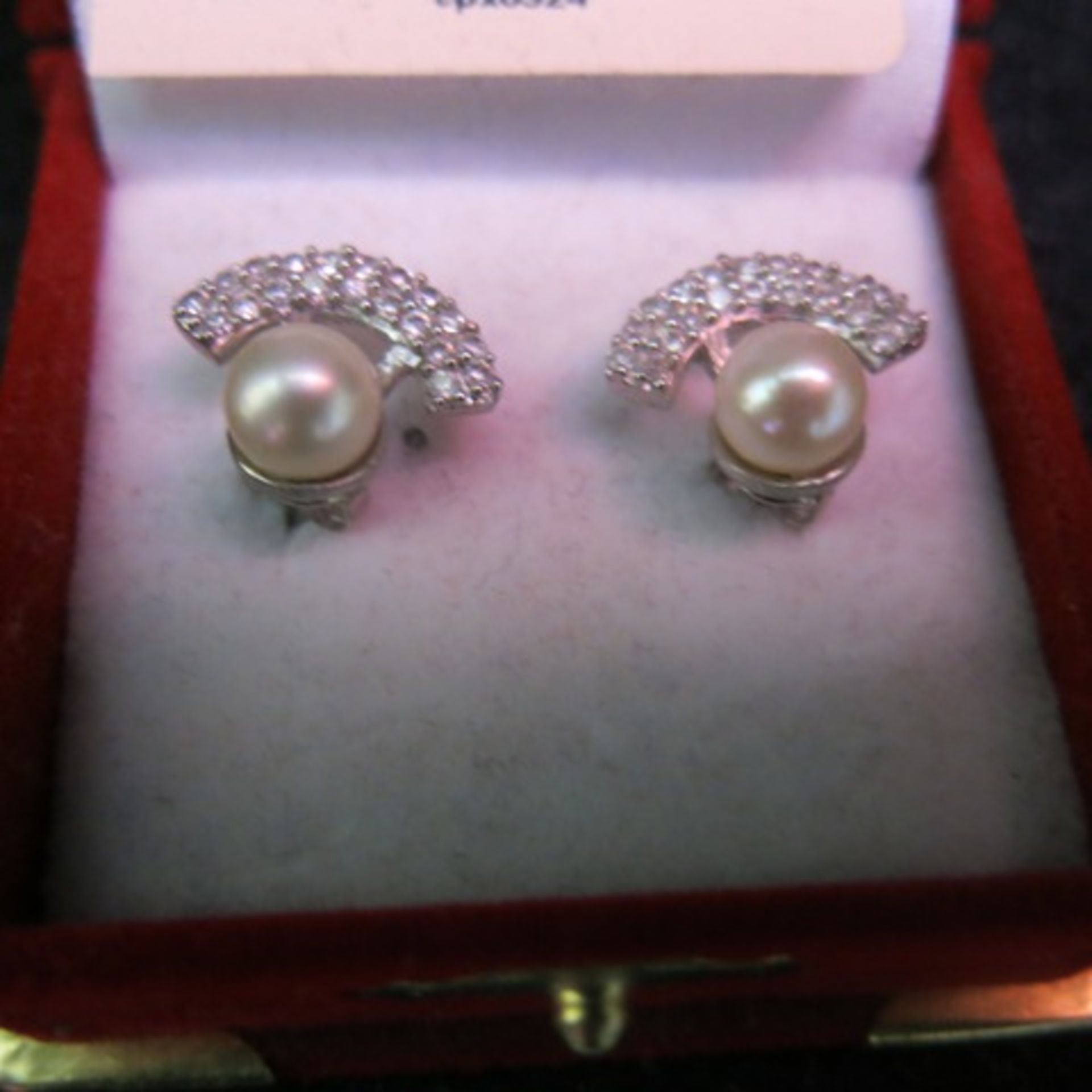 Pair of Pearl 7mm Stud Earrings with White Metal & Clear Stone Arc Over the Pearl. RRP £178.00 - Image 2 of 2