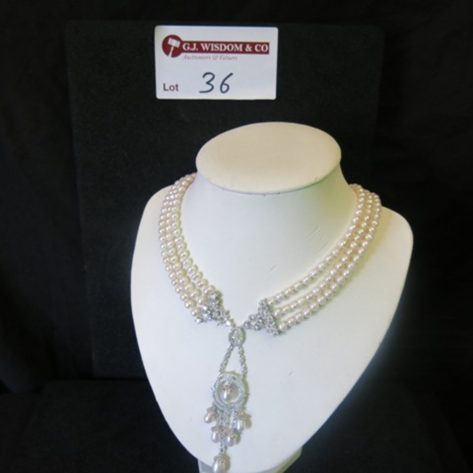 Triple Band Pearl Necklace (6mm) with Drop Centre with Clear Stones and White Metal & Pearls. RRP £