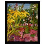 George Rowlett Helianthus, Hydrangea, Croccosmia & Impatiens oil on panel 76 x 62cm (88 x 72.
