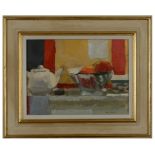 Roy Freer Teapot and Fruit Bowl oil on canvas 29 x 39cm (8 x 59cm framed) Roy Freer NEAC RI ROI