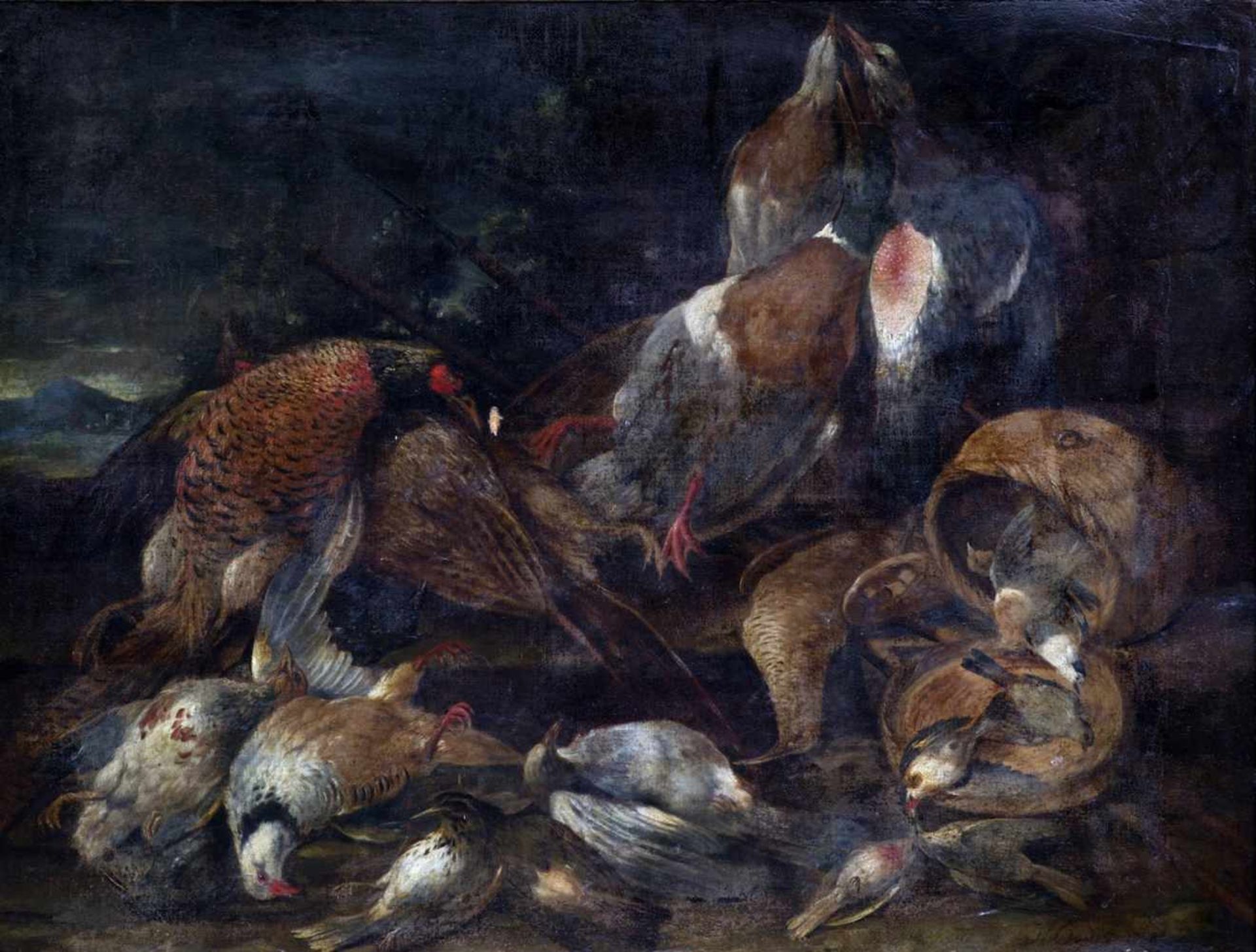 CONINCK David de (attribué à), 1642 - 1701 [FL].Oiseaux morts, huile sur toile (84.5 x 111.5 cm).