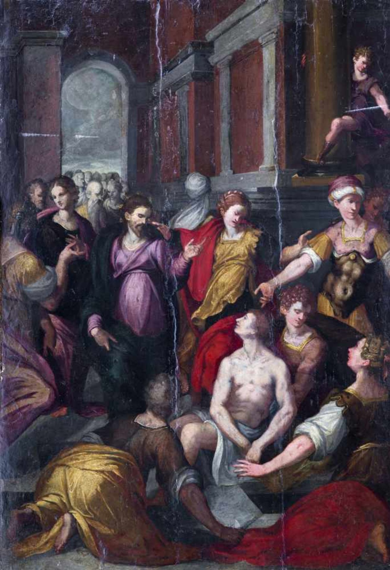 Ecole FLORENTINE vers 1550 [IT].Jésus soignant un paralytique, huile sur panneau (118.5 x 81 cm).