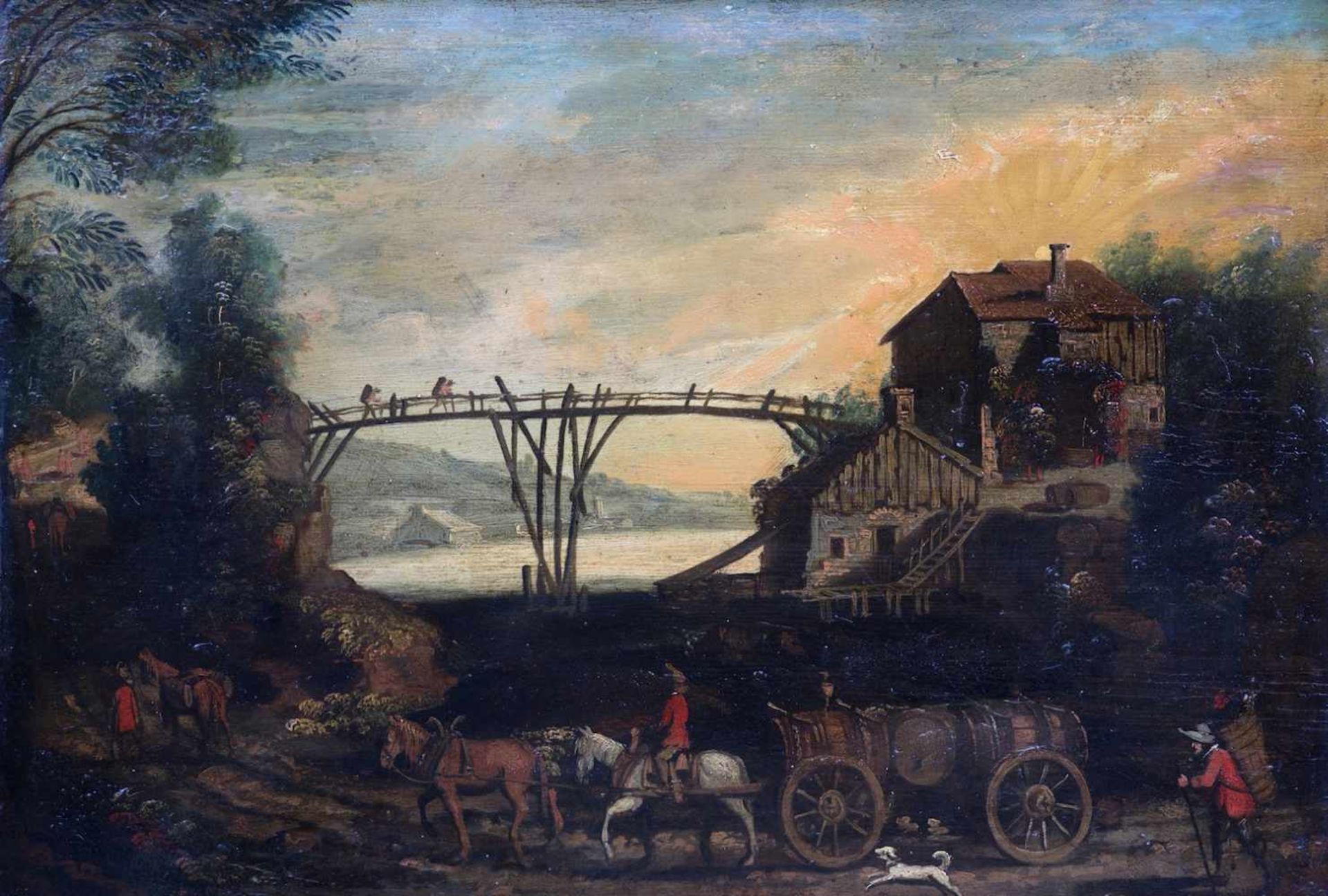 Ecole de l’ITALIE du NORD vers 1650 [IT].Paysage au pont et à la charette, huile sur panneau (36.5 x