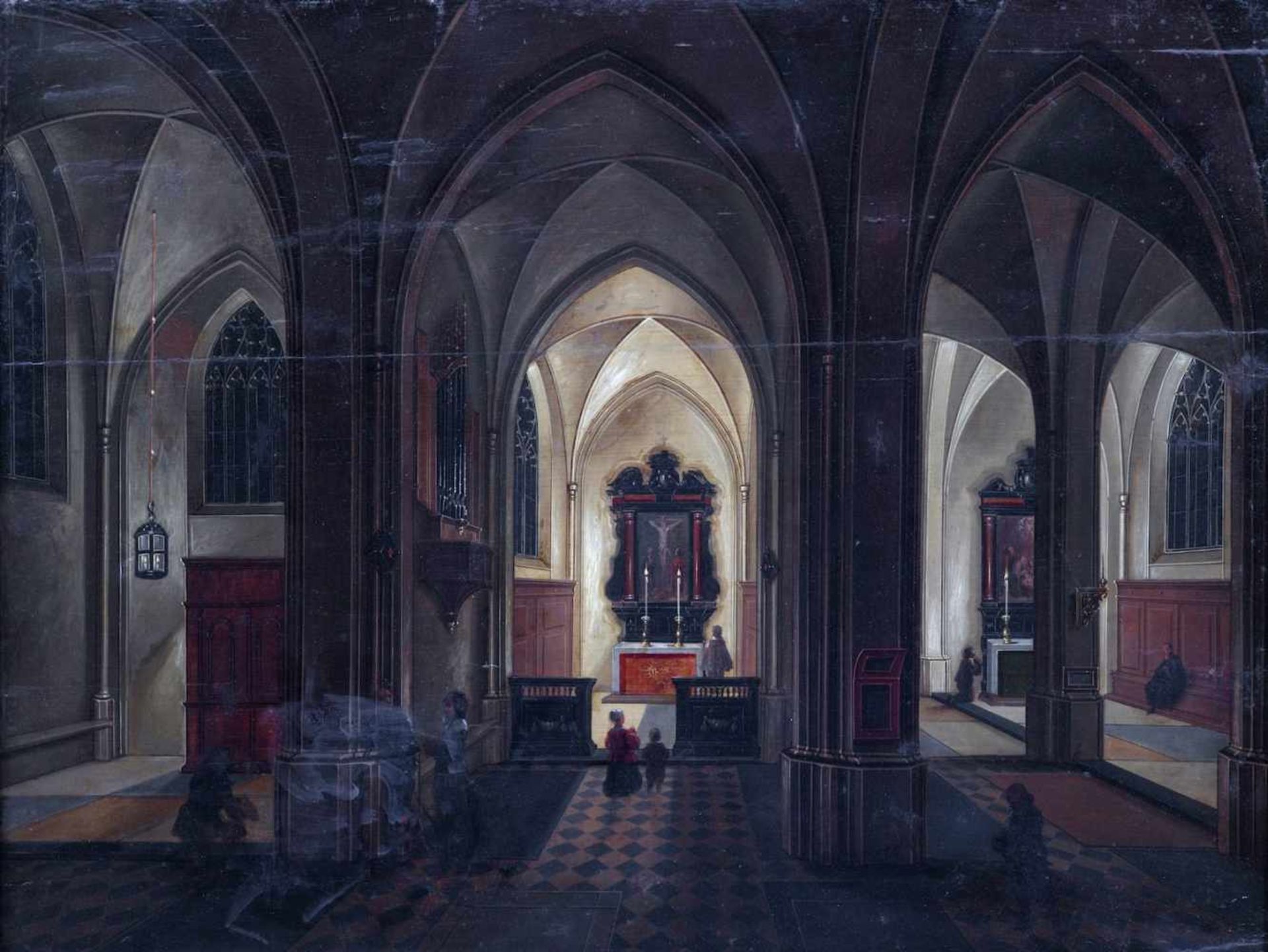 NEFFS Pieter (suiveur de), école FLAMANDE du XVIIème siècle [FL].Intérieur d'église de nuit, huile