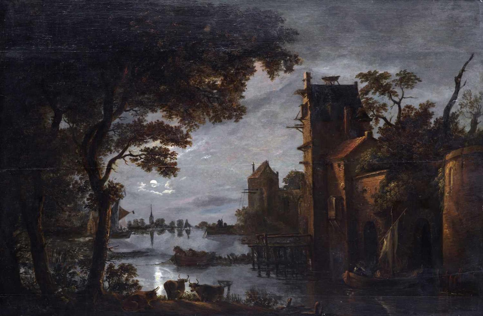 HEEREMANS Thomas (suiveur de), école HOLLANDAISE vers 1650 [NL].Château au clair de lune, huile