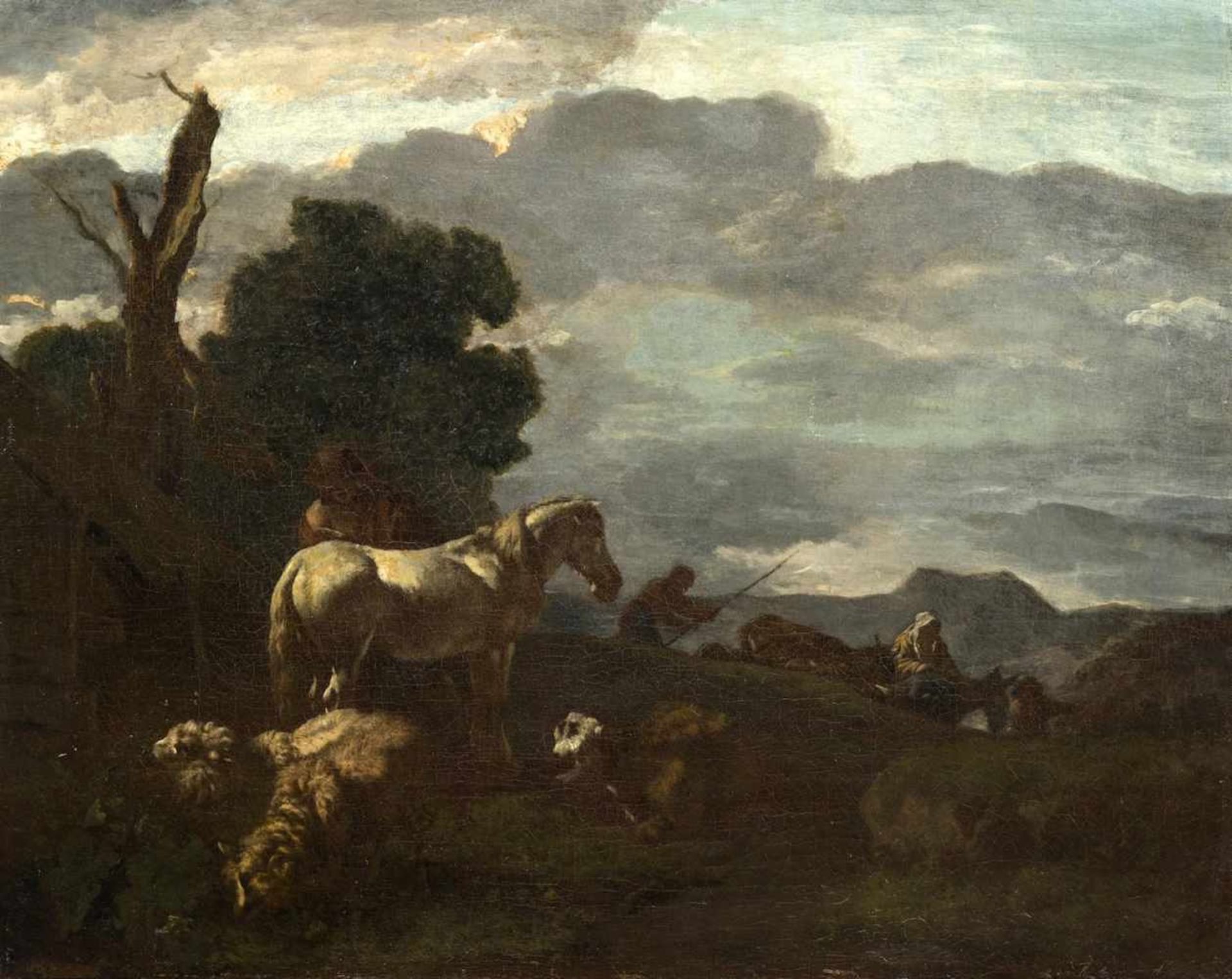 DOES Simon van der, Amsterdam 1658 - Anvers 1717 [NL].Cheval et moutons, huile sur toile (52 x 62.