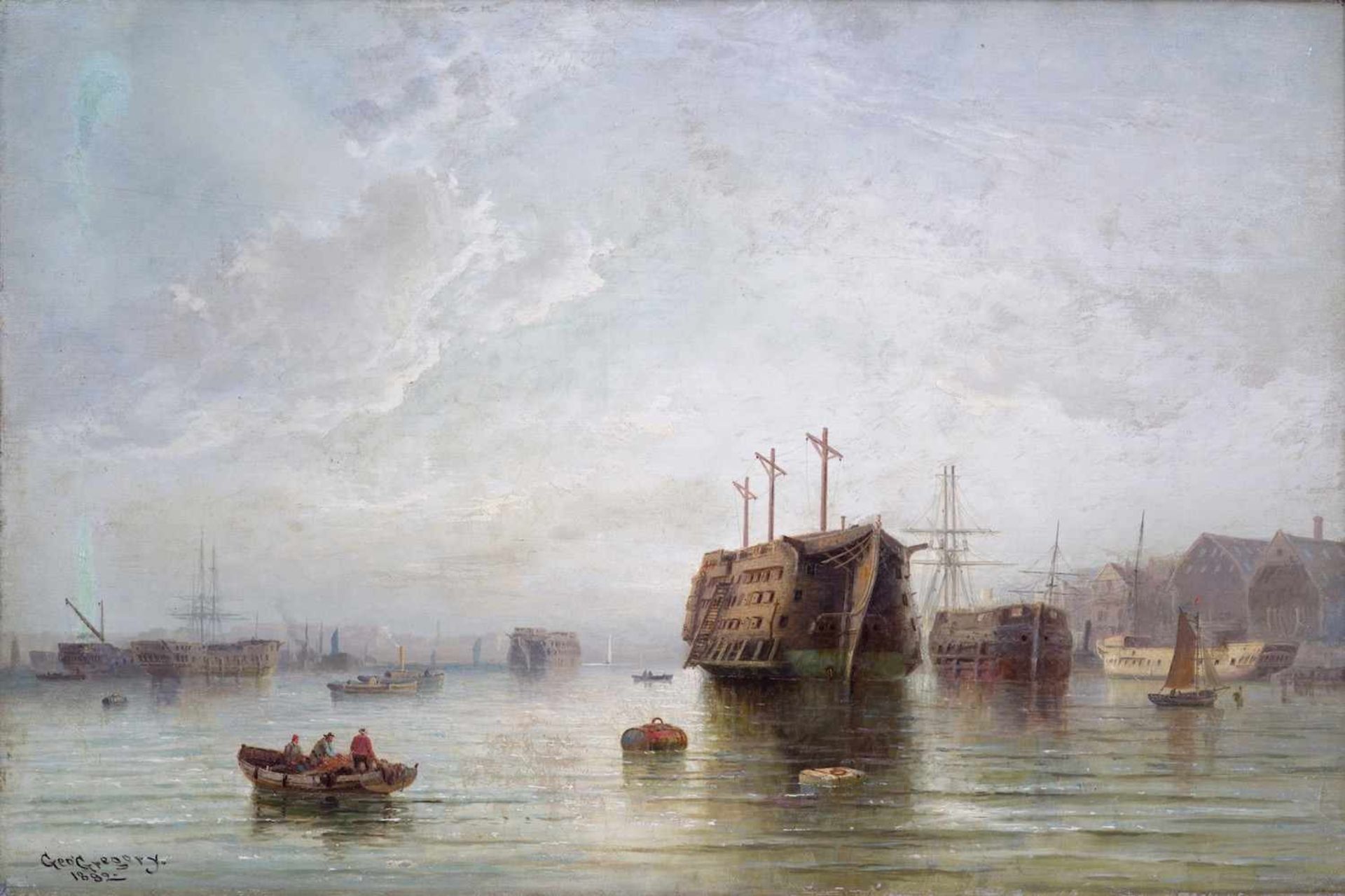 GREGORY George, Cowes 1850 - Wight 1938 [GB].Bateaux près du port, huile sur sa toile d'origine (