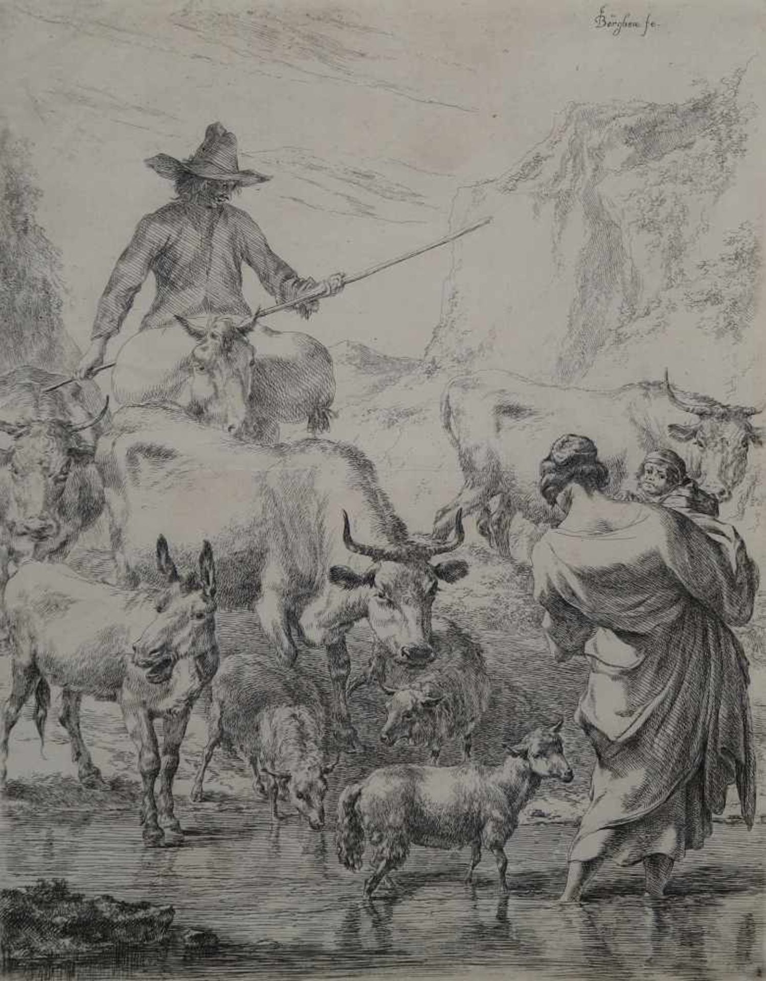BERGHEM (Berchem) Nicolaes Pietersz , 1620-1683 [NL]."La traversée du ruisseau", eau-forte (26.5 x