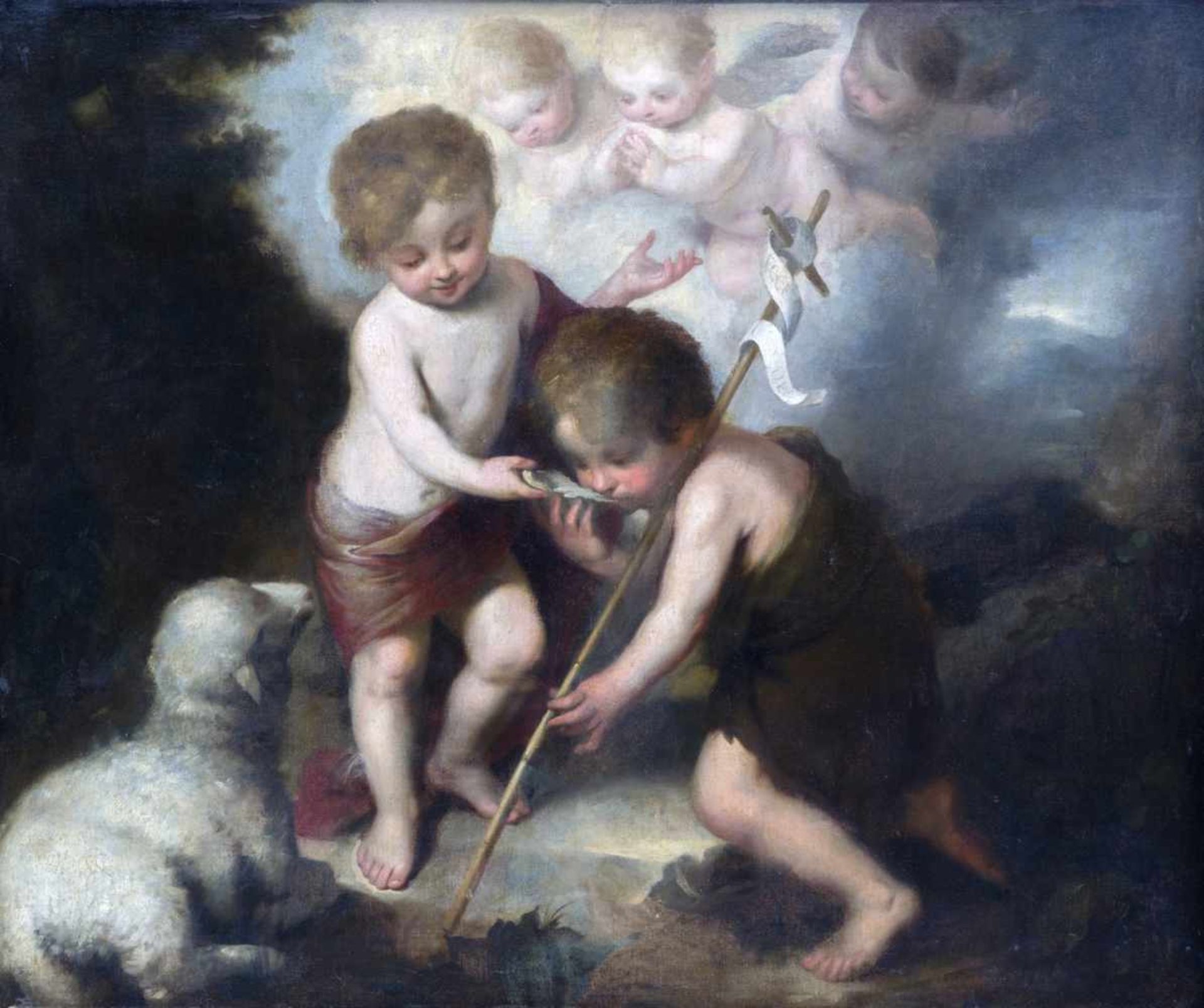 MURILLO (suiveur de), école ESPAGNOLE de la fin du XVIIème siècle [ES].L'Enfant Jésus et Jean