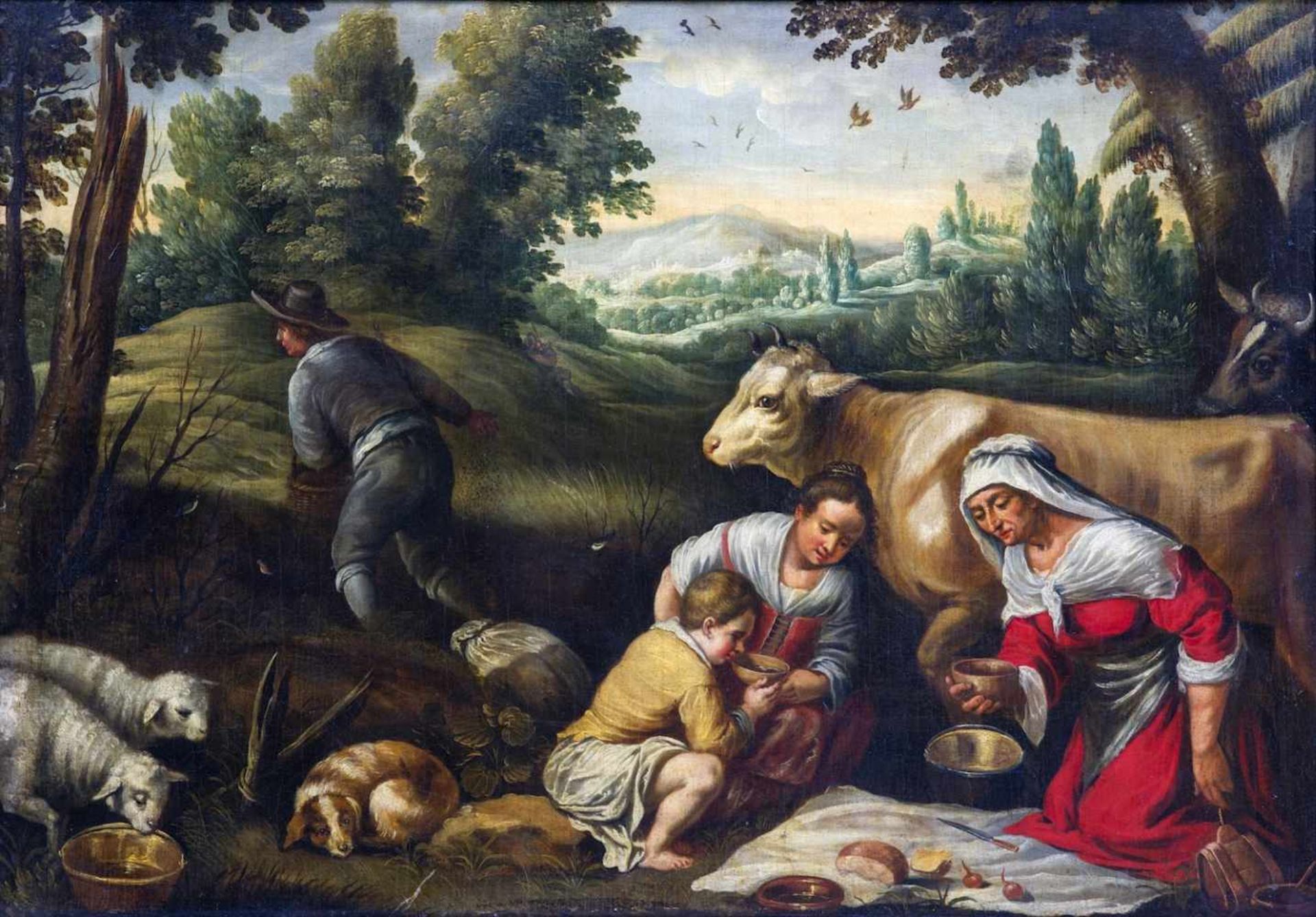 BASSANO Jacopo (suiveur de), école VÉNITIENNE du XVIIème siècle [IT].Scène pastorale, huile sur