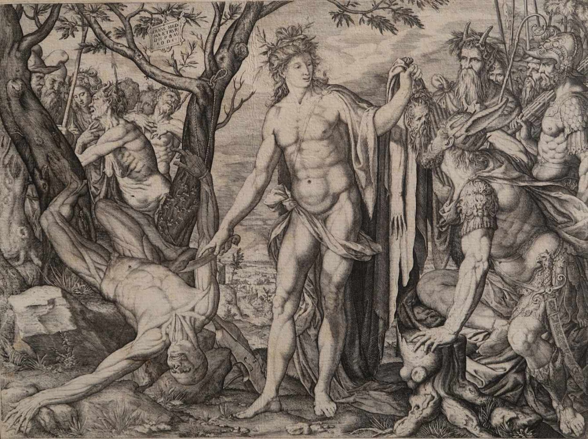 MEIER Melchior, vers 1572-1582 [CH]."Apollon, Marsyas et le jugement de Midas", eau-forte (23 x 31