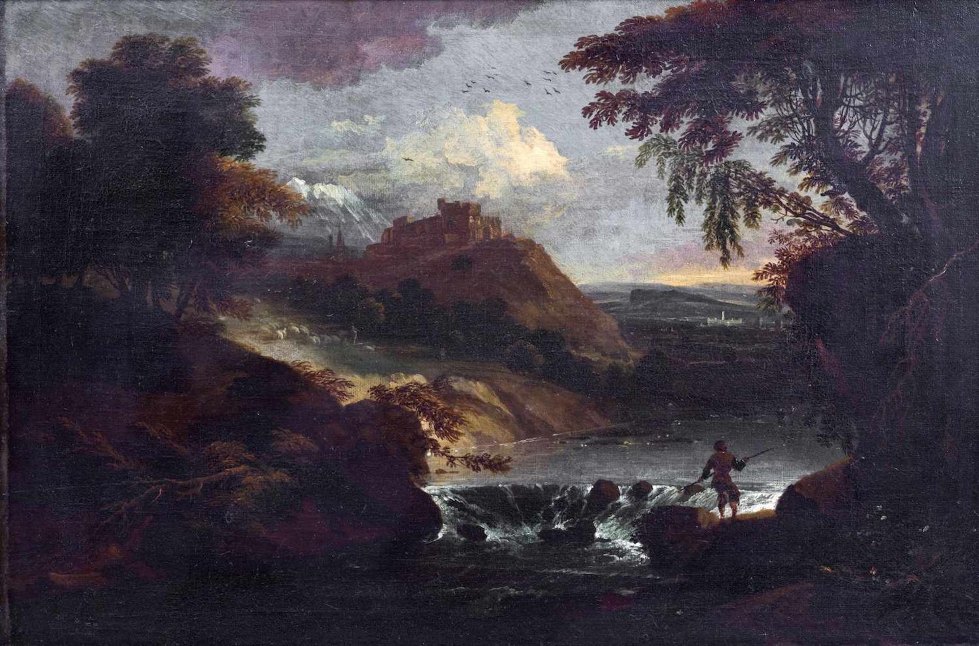 DIEST Adriaen van, La Haye 1655 - Londres 1704 [NL].Paysage avec un pêcheur et une cascade, huile