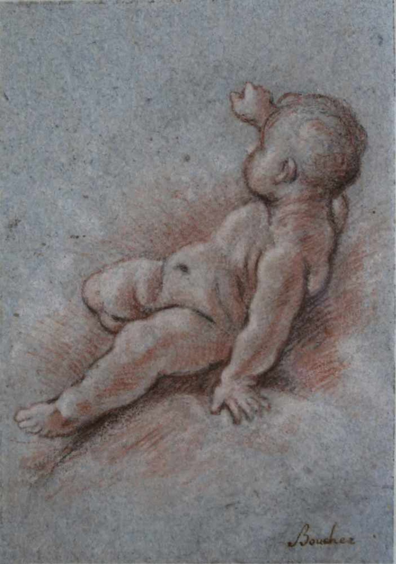 ÉCOLE FRANÇAISE du XVIIIème siècle [FR].Putto, crayon noir et sanguine (12.5 x 9 cm). Porte une