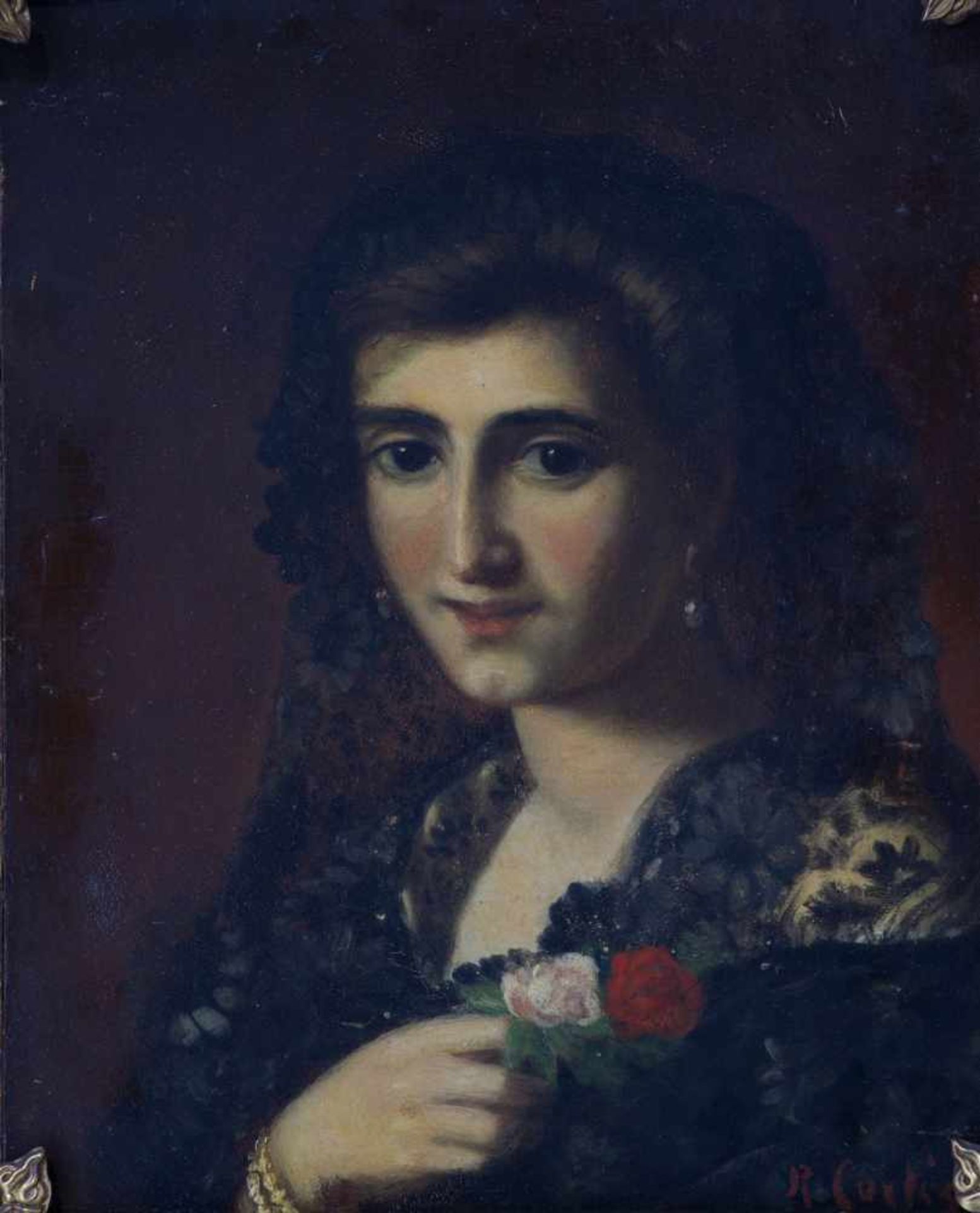 CORTES Ramon, actif à Madrid au XIXème siècle [ES].Portrait de femme, huile sur panneau (26 x 20