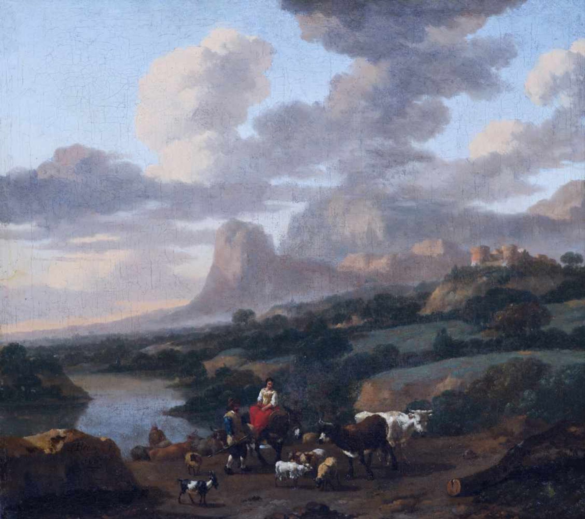 BEGEYN Abraham Jansz (attribué à), 1630 - 1697 [NL].Paysage aux bergers avec leur troupeau, huile