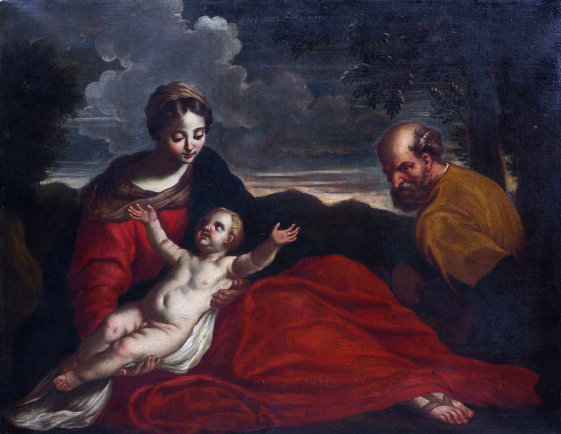 CANTARINI Simone (suiveur de), école VENITIENNE du XVIIème siècle [IT].Le repos de la Sainte Famille