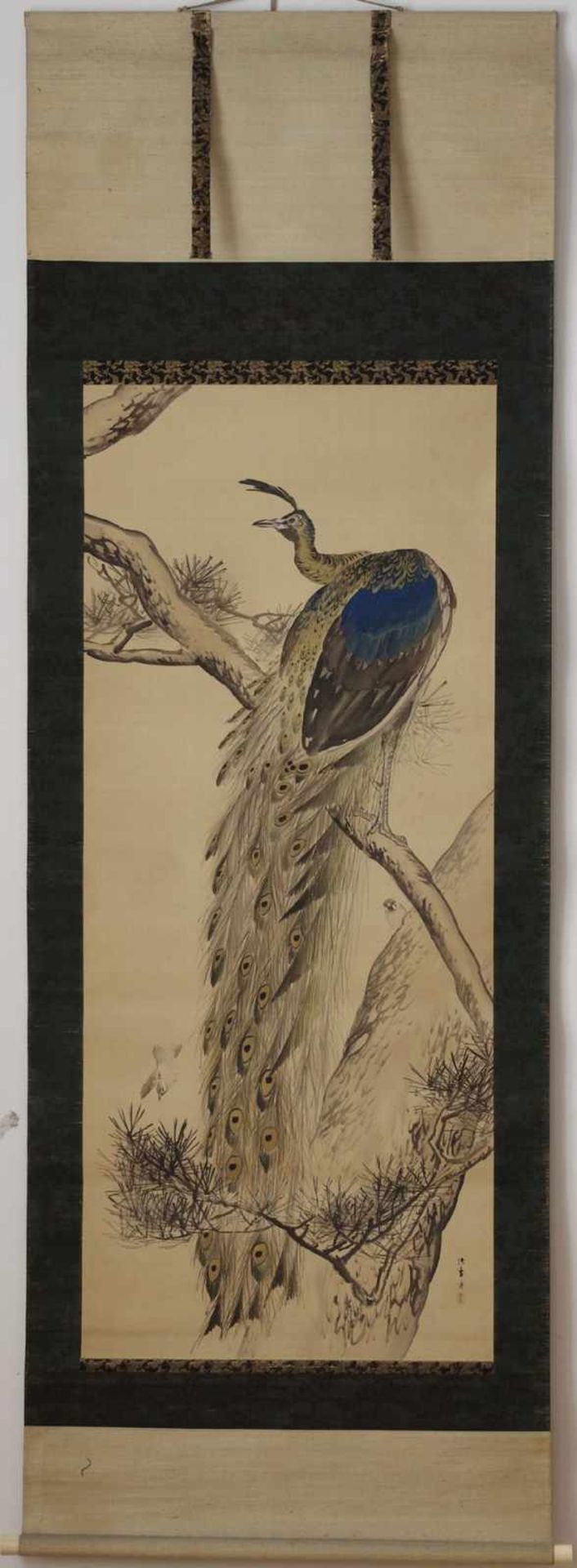 KISHI CHIKUDO (1826–1897): PFAU UND SPATZEN Malerei auf Seide. Japan, 19. Jh. Wirkungsvoll im - Image 2 of 2