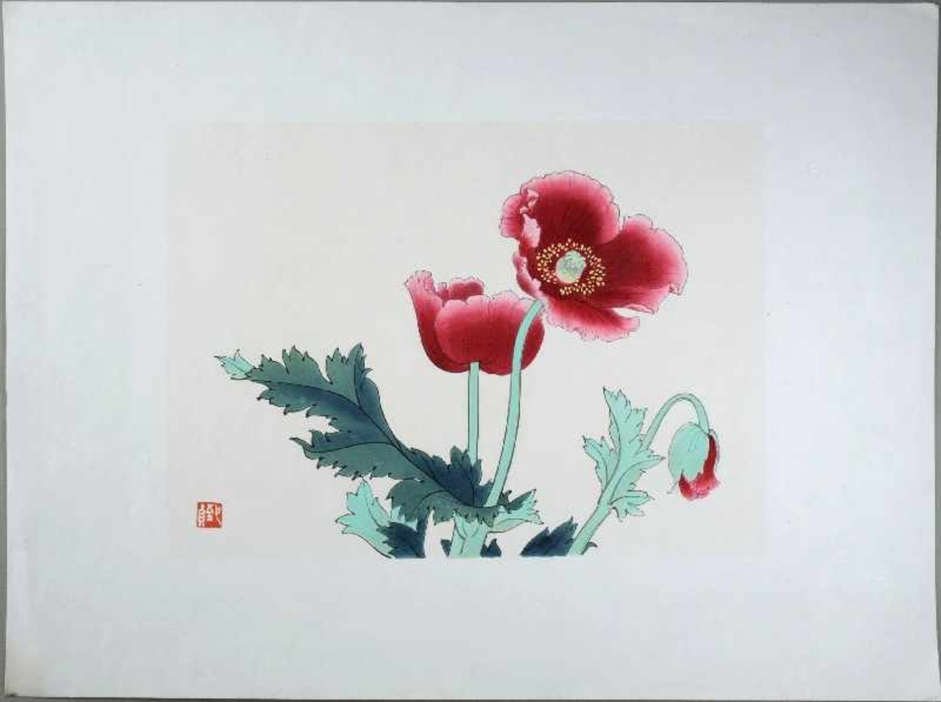 Mohnblumen Aquarellfarben-Holzschnitt aus der Werkstätte Rong Baozhai. China, 20th cent.