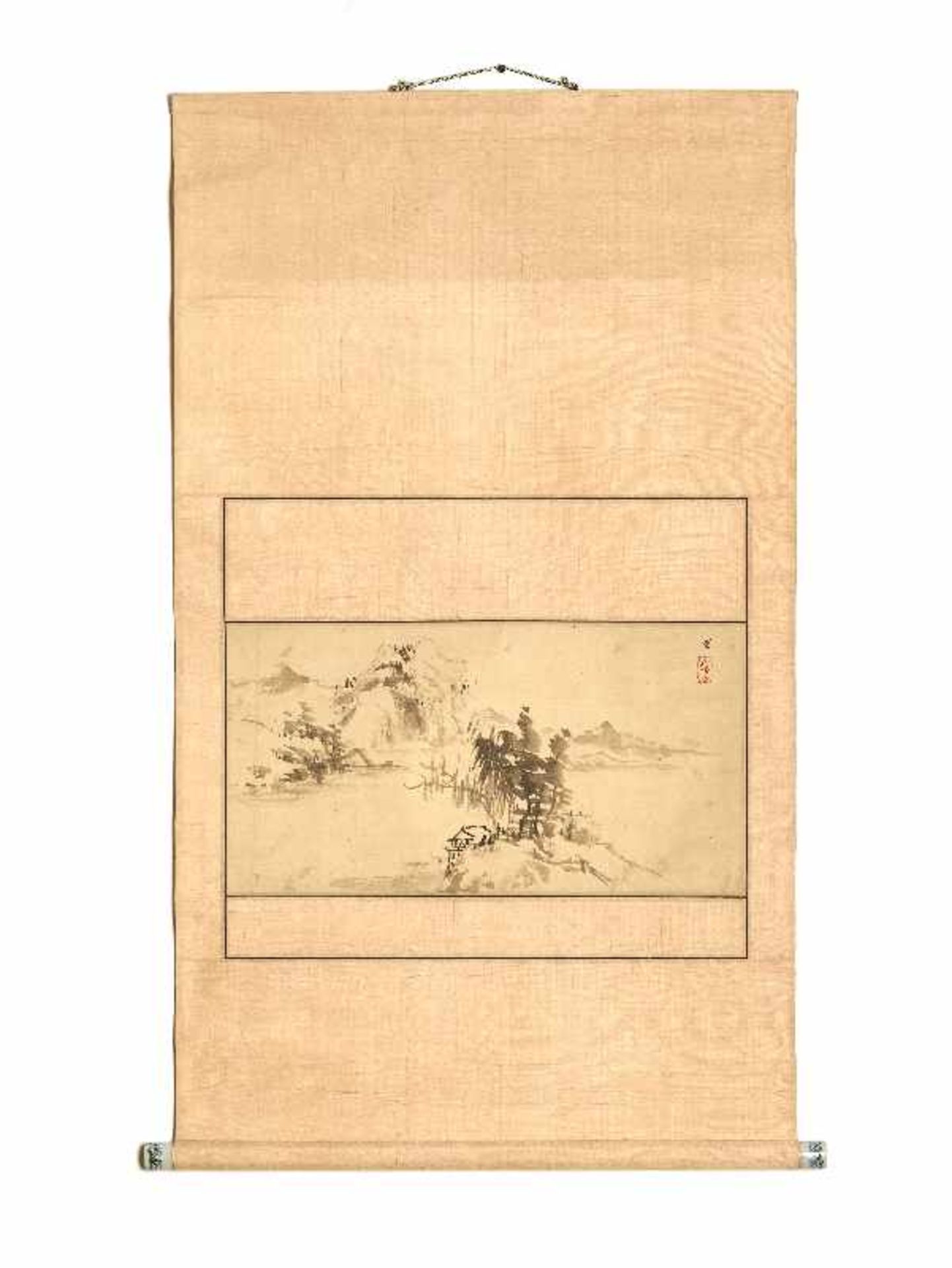 WATANABE KAZAN (1793 - 1841): BERGIGE LANDSCHAFT MIT SEE Tusche auf Papier. Japan, 19. Jh.