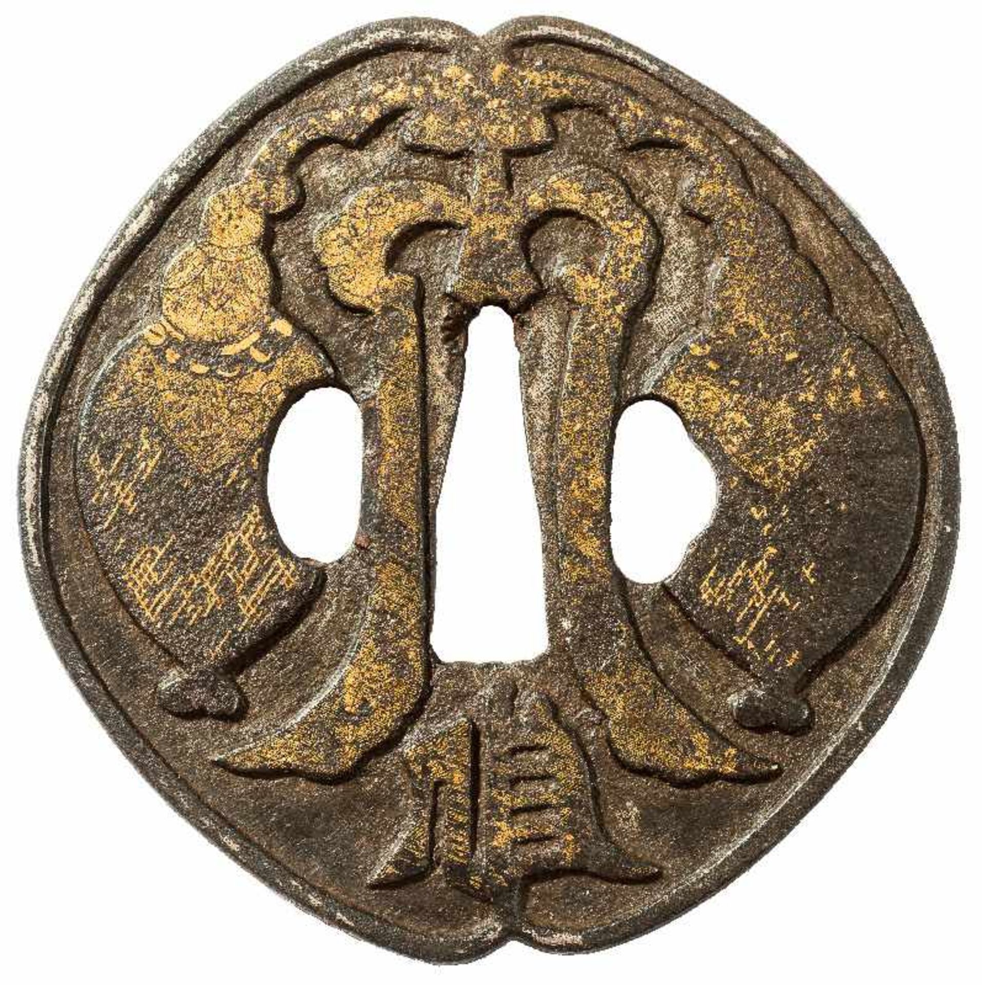TSUBA MIT disORATIVEM RELIEF Eisen und Gold. Japan, 18. bis 19. Jh. Formal und auch disorativ