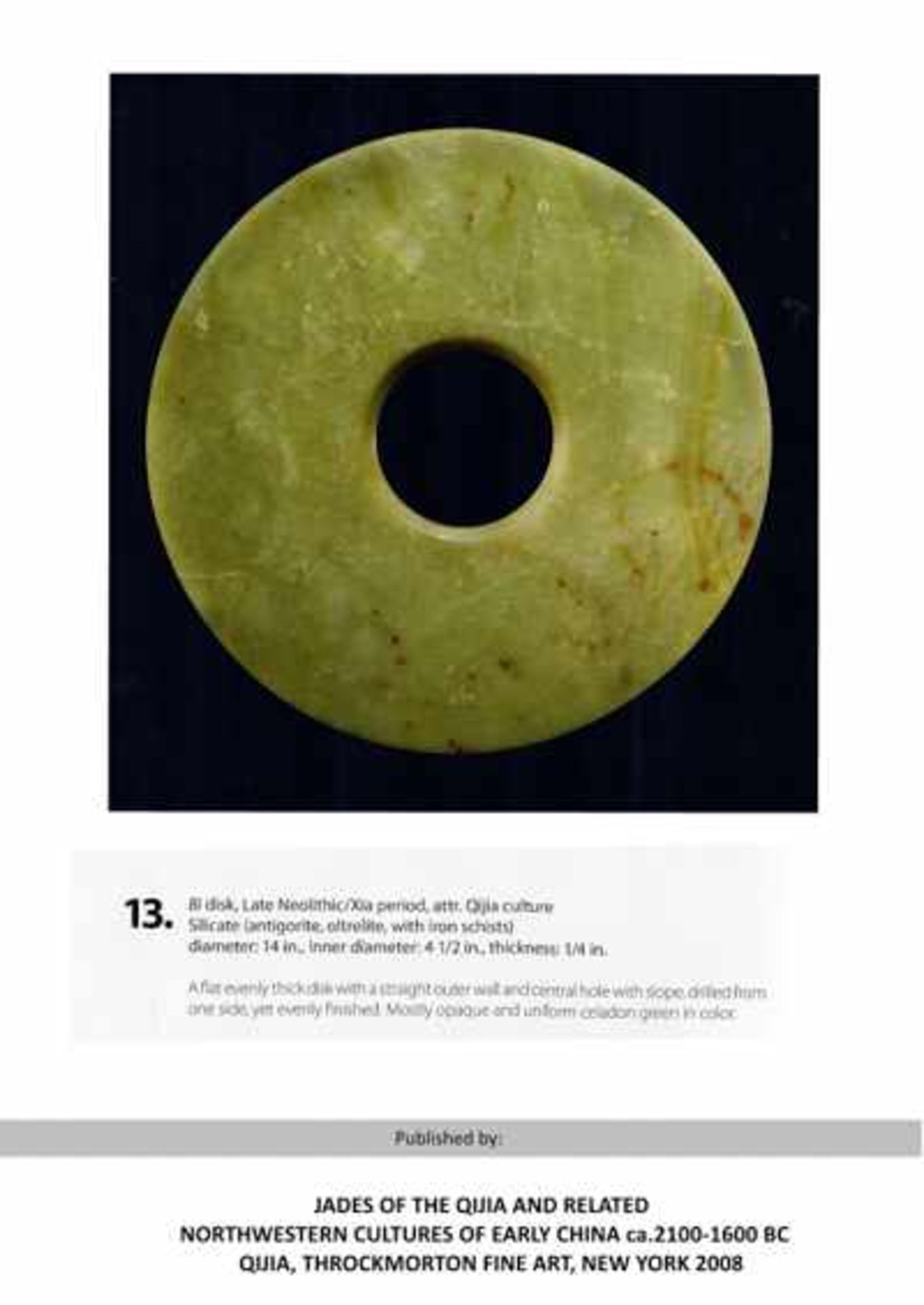 EINE SELTEN DÜNN GESCHLIFFENE BI-SCHEIBE 玉璧。中國，新石器時代晚期至商代，約公元前2000 年左右。外直徑 16.1 厘米，內直徑 6.1 厘米，厚0.2- - Image 5 of 6
