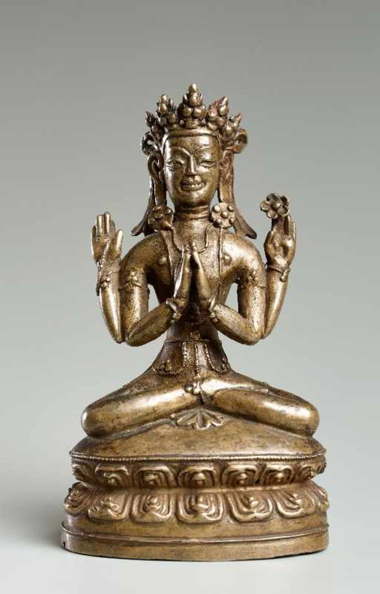 VIERARMIGER SHADAKSHARI LOKESHVARA Bronze. Tibet, 15. Jh. Eine sehr gute und selten alte Bronze, die