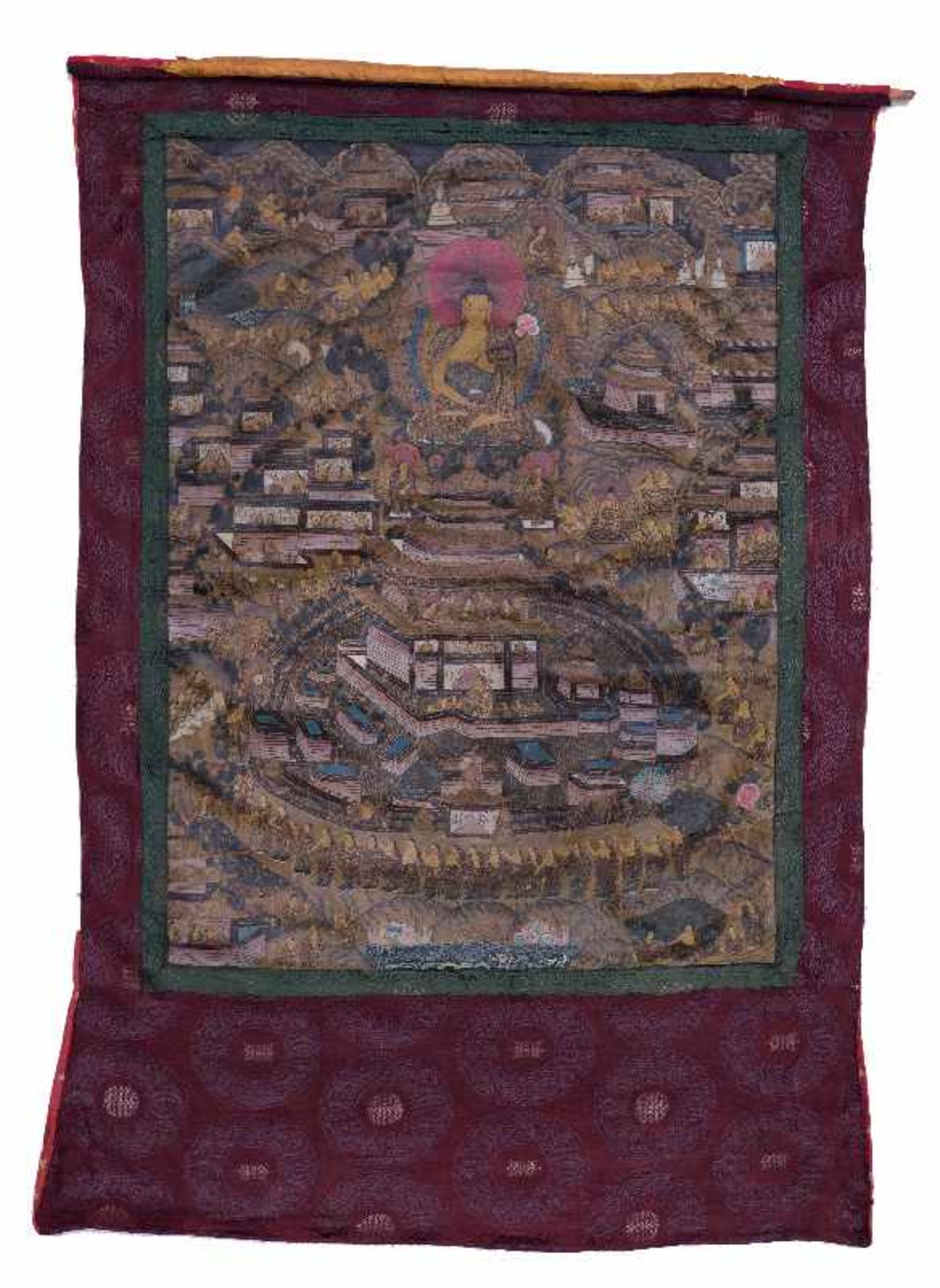 BUDDHA SHAKYAMUNI ALS ORDENSOBERHAUPT Thangka-Malerei auf Gewebe. Sinotibetisch, voriges Jh. Im