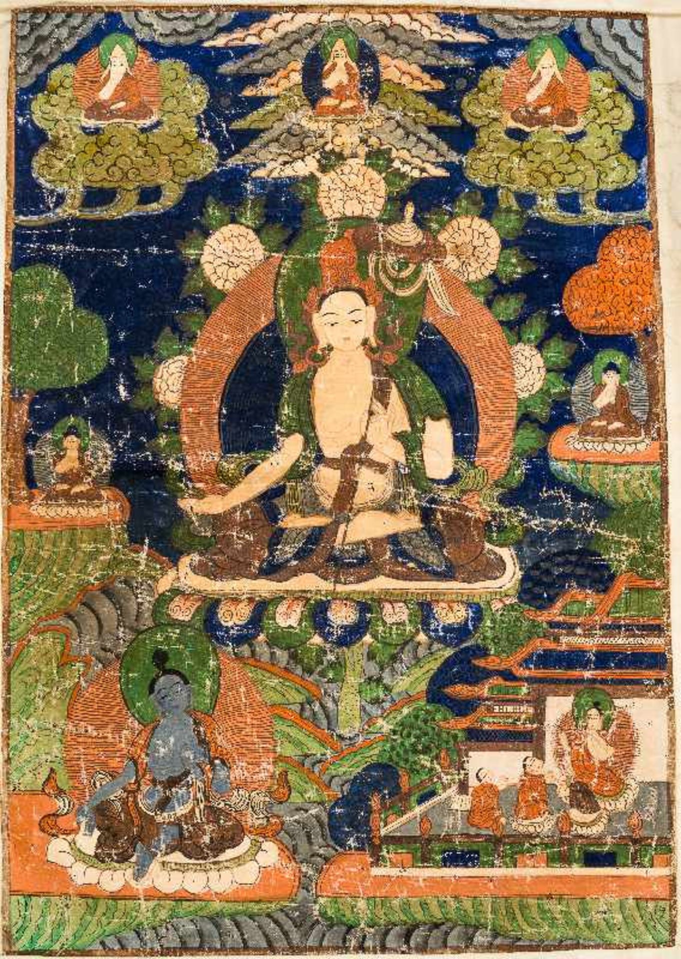 DER BODHISATTVA SITATAPATRAThangka-Malerei auf Gewebe. Tibet, ca. 1. H. 20. Jh. Sitatapatra nimmt