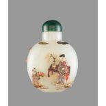 AN EMBELLISHED WHITE JADE ‘PEACH PICKING’ SNUFF BOTTLE, QING DYNASTY White nephrite jade of even
