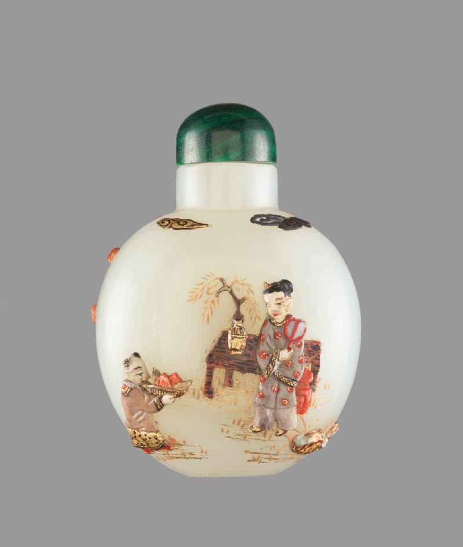 AN EMBELLISHED WHITE JADE ‘PEACH PICKING’ SNUFF BOTTLE, QING DYNASTY White nephrite jade of even