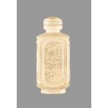 A CARVED IVORY 'TEN FRIENDS AMONG FLOWERS' SNUFF BOTTLE, 19TH CENTURY Ivory with age crazing, even