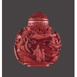 A LARGE SCENIC CARVED CINNABAR LACQUER SNUFF BOTTLE, LATE QING DYNASTY Cinnabar lacquer on metal