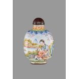 AN ENAMEL ON COPPER SNUFF BOTTLE, QIANLONG MARK AND PERIOD Multicolored enamel painting on white