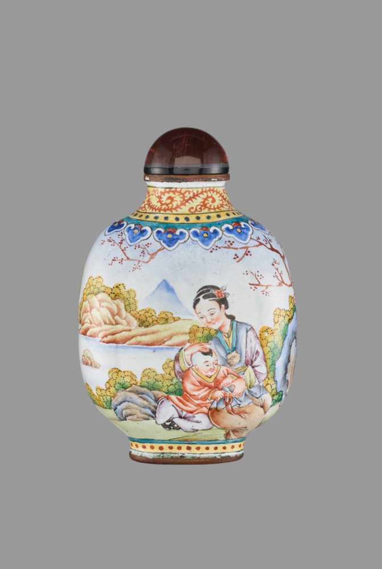 AN ENAMEL ON COPPER SNUFF BOTTLE, QIANLONG MARK AND PERIOD Multicolored enamel painting on white