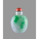 A LAVENDER JADEITE SNUFF BOTTLE WITH STREAKS OF DEEP EMERALD GREEN, QING DYNASTY Jadeite, semi-