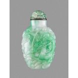 AN EMERALD GREEN JADEITE 'DRAGON' SNUFF BOTTLE, QING DYNASTY Lustrous semi-translucent jadeite of