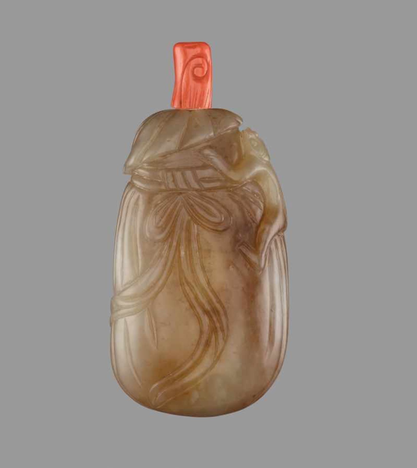 A CELADON AND RUSSET JADE ‘MONKEY AND SACK’ SNUFF BOTTLE Nephrite of celadon color with shades of