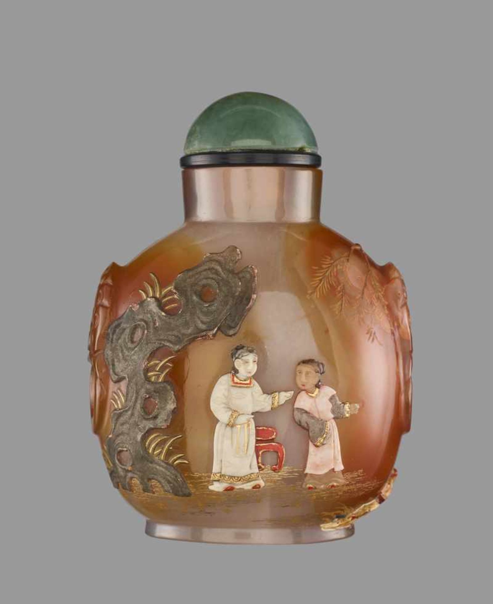 A LACQUER, IVORY AND SOAPSTONE-EMBELLISHED CHALCEDONY 'FIGURES' SNUFF BOTTLE Chalcedony of light