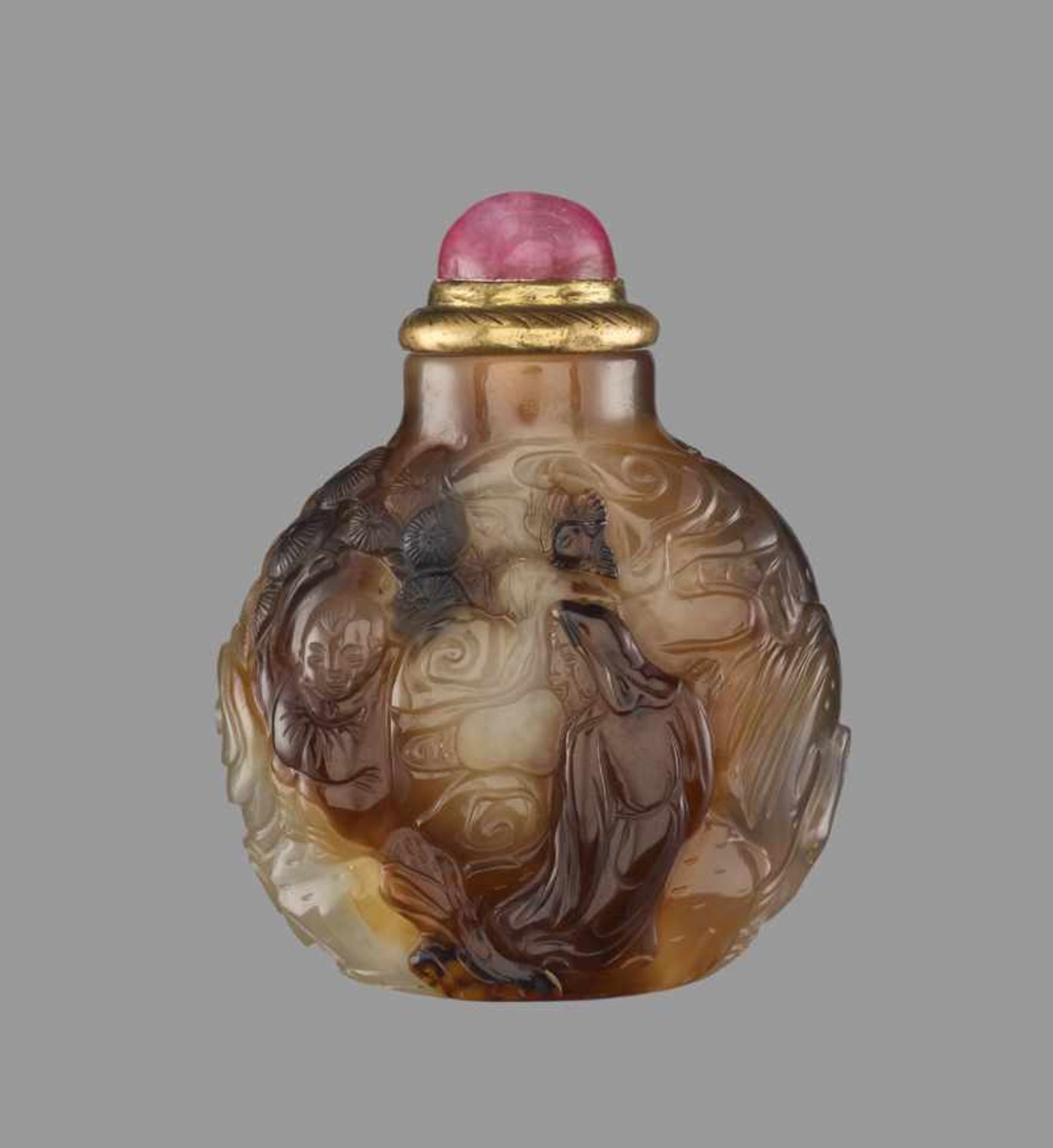 AN AGATE ‘BODHIDHARMA’ SNUFF BOTTLE, SUZHOU, SCHOOL OF ZHITING Agate, of various tones from