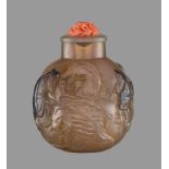 AN INSCRIBED CHALCEDONY 'FISHERMEN' SNUFF BOTTLE, SUZHOU, SCHOOL OF ZHITING, QING DYNASTY