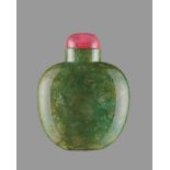 AN APPLE-GREEN JADEITE SNUFF BOTTLE WITH IRIDESCENT SILVERY STREAKS Mottled jadeite with a well-